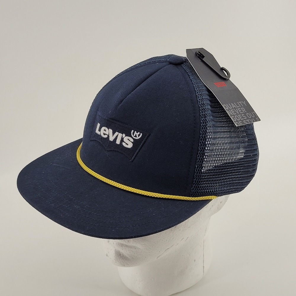 Levi's Navy Navy Blue Mesh Back Trucker Hat Yellow Rope Detail One Size NWT